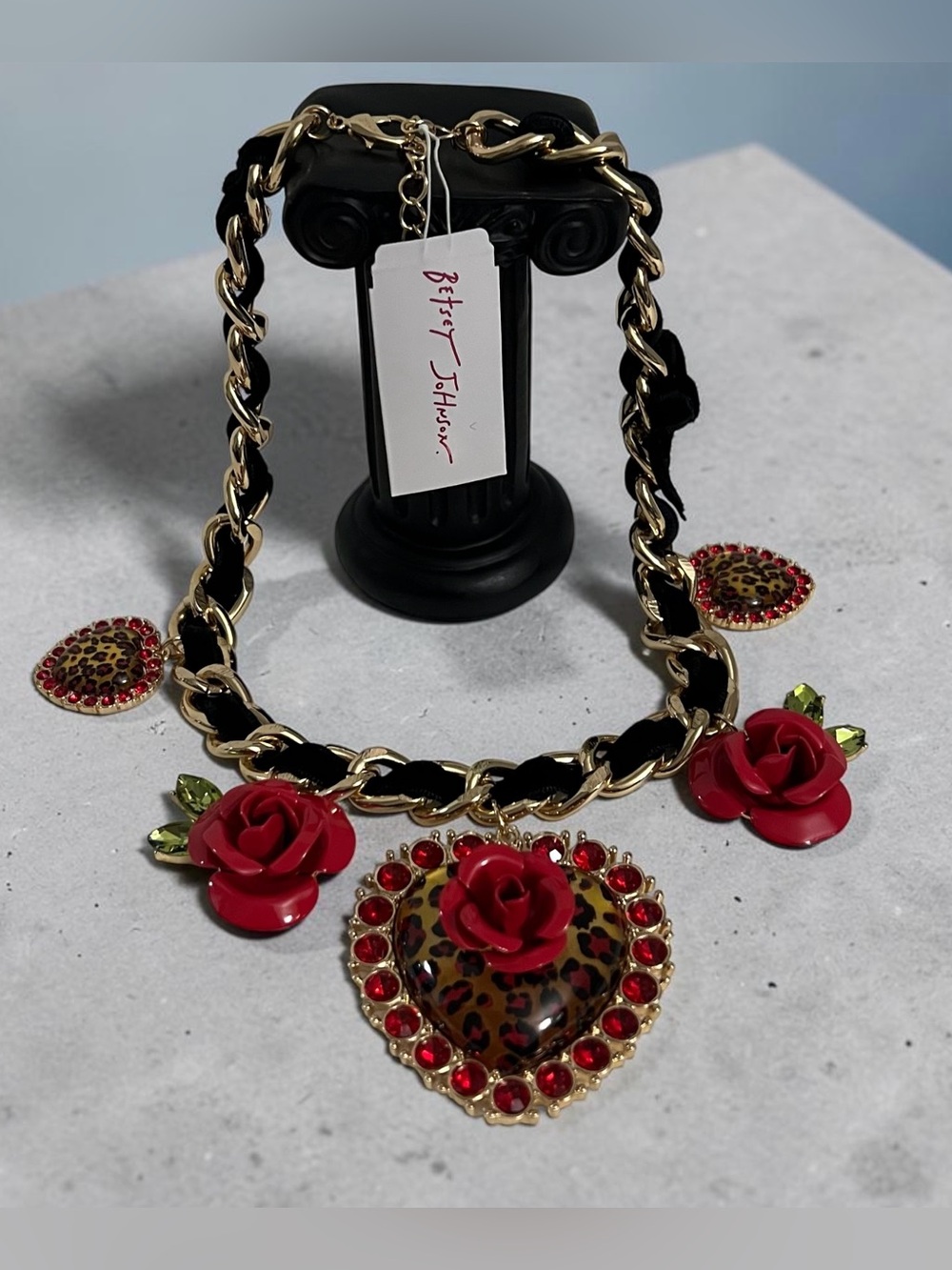 Betsey Johnson Gold-Tone Chain Necklace with Red Roses and Leopard Heart - Picture 6 of 16